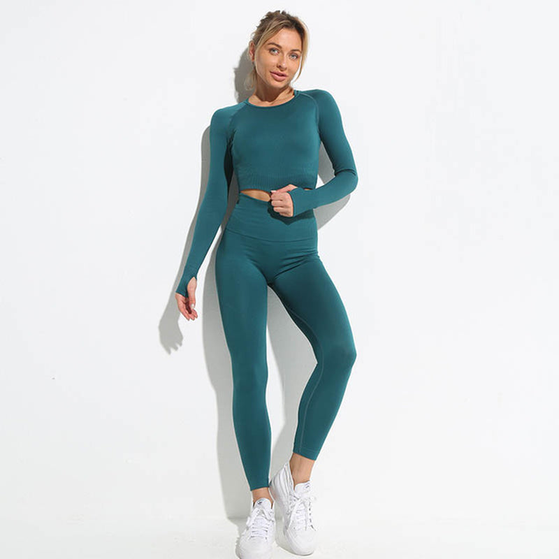 Seamless Hyperflex Workout Sport Outfits for Women: Long Sleeve Crop Top and High Waist Leggings