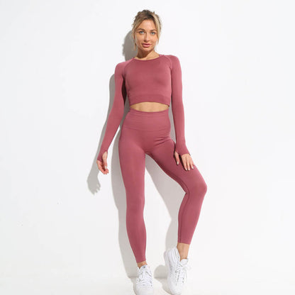 Seamless Hyperflex Workout Sport Outfits for Women: Long Sleeve Crop Top and High Waist Leggings