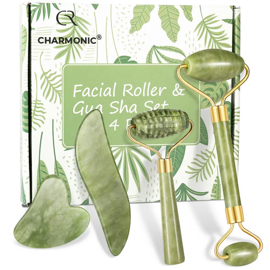 "Set of 4 Jade Roller and Gua Sha Facial Massagers for Anti-Aging, Gentle Skin Care, Wrinkle Reduction, and Eye Puffiness"