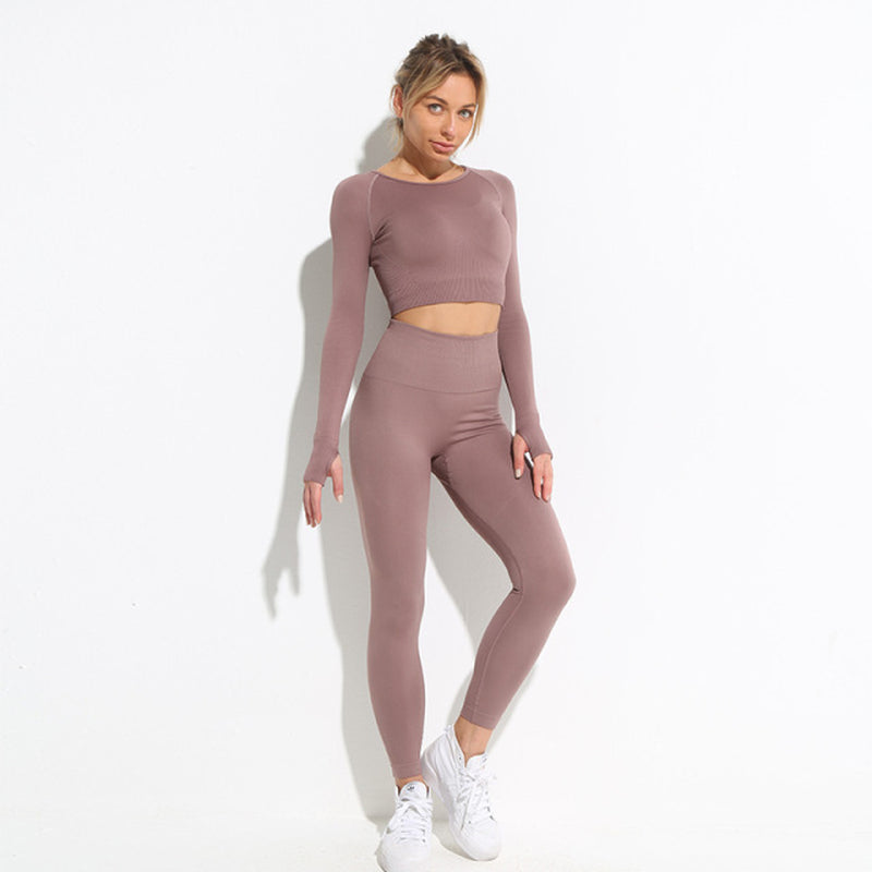 Seamless Hyperflex Workout Sport Outfits for Women: Long Sleeve Crop Top and High Waist Leggings