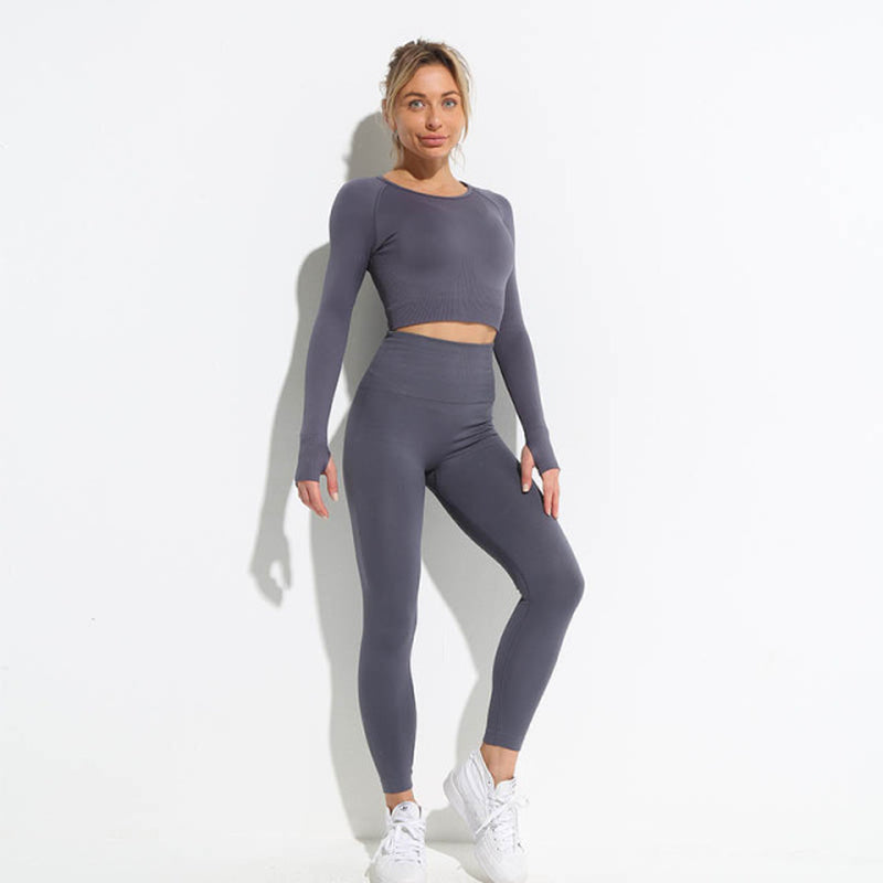 Seamless Hyperflex Workout Sport Outfits for Women: Long Sleeve Crop Top and High Waist Leggings