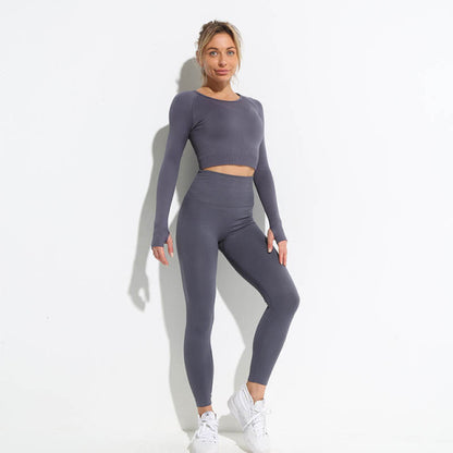 Seamless Hyperflex Workout Sport Outfits for Women: Long Sleeve Crop Top and High Waist Leggings