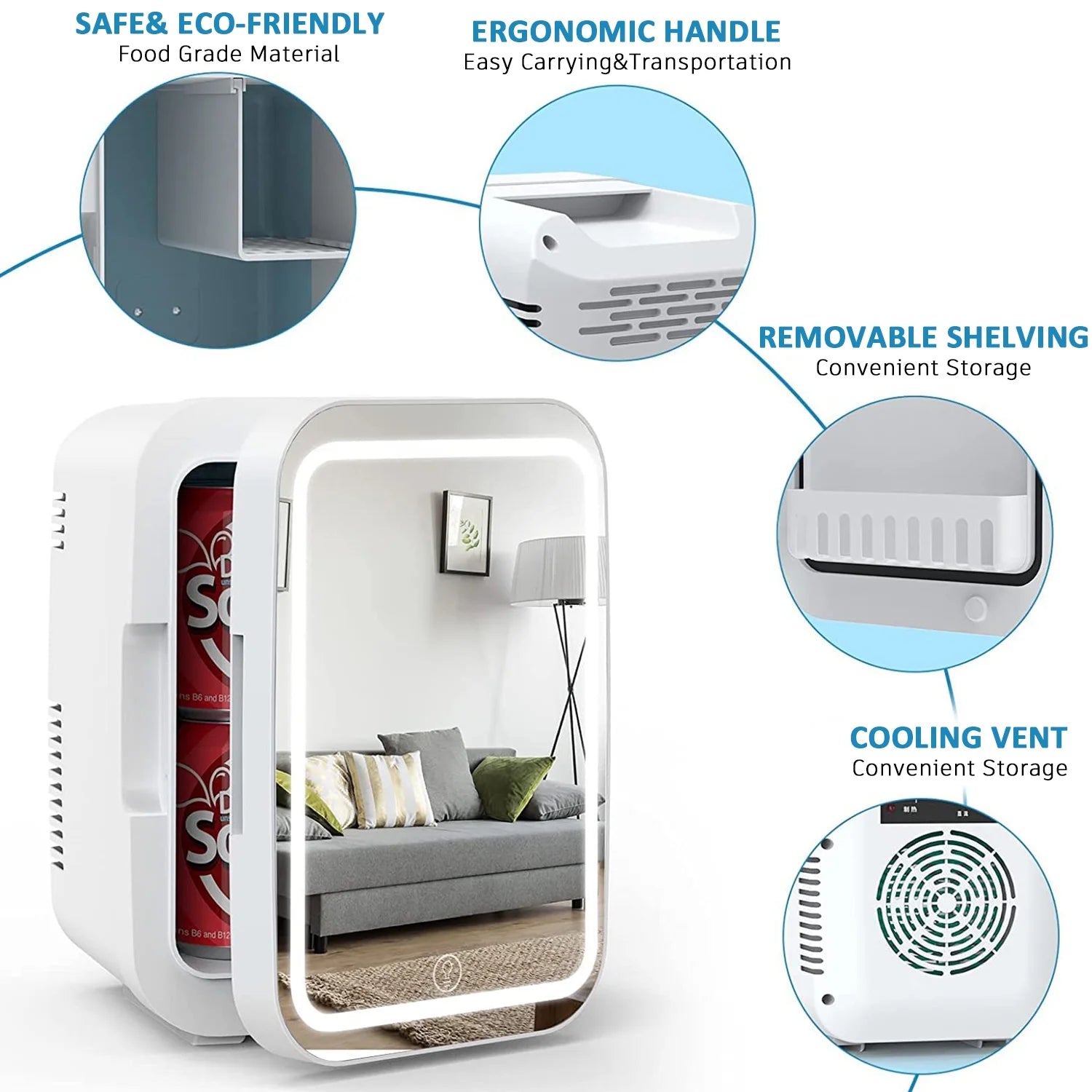 Mini Skincare Fridge with LED Mirror Door