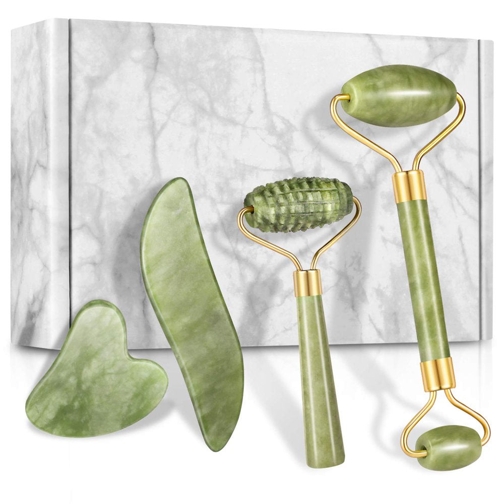 "Set of 4 Jade Roller and Gua Sha Facial Massagers for Anti-Aging, Gentle Skin Care, Wrinkle Reduction, and Eye Puffiness"