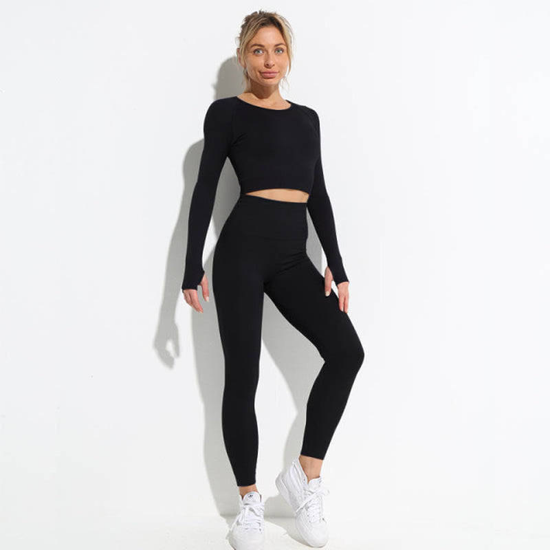 Seamless Hyperflex Workout Sport Outfits for Women: Long Sleeve Crop Top and High Waist Leggings