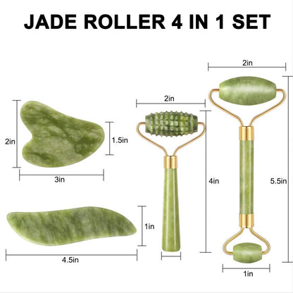 "Set of 4 Jade Roller and Gua Sha Facial Massagers for Anti-Aging, Gentle Skin Care, Wrinkle Reduction, and Eye Puffiness"